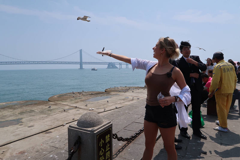 Amy Lyons da de comer a las gaviotas en la plaza Xinghai de Dalian