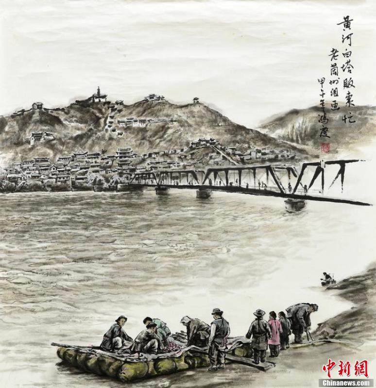 Obra de Wang sobre el puente Zhongshan y la monta?a blanca de la Torre de Lanzhou, hace 100 a?os atrás. (Foto: Chinanews. com)