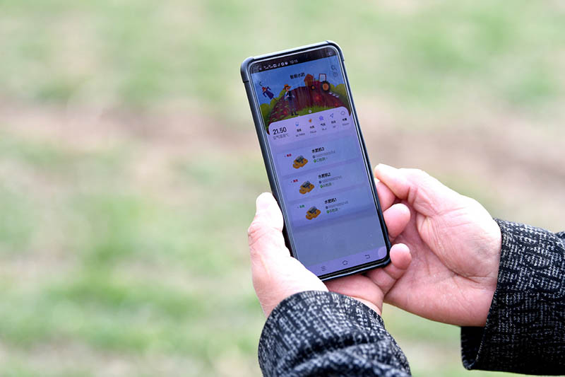 Un trabajador emplea su teléfono móvil para verificar el estado del agua y el fertilizante en los campos de una novedosa granja automatizada e inteligente en Zhaoqiao, Bozhou, provincia de Anhui, 11 de febrero del 2022. [Foto: Xinhua]